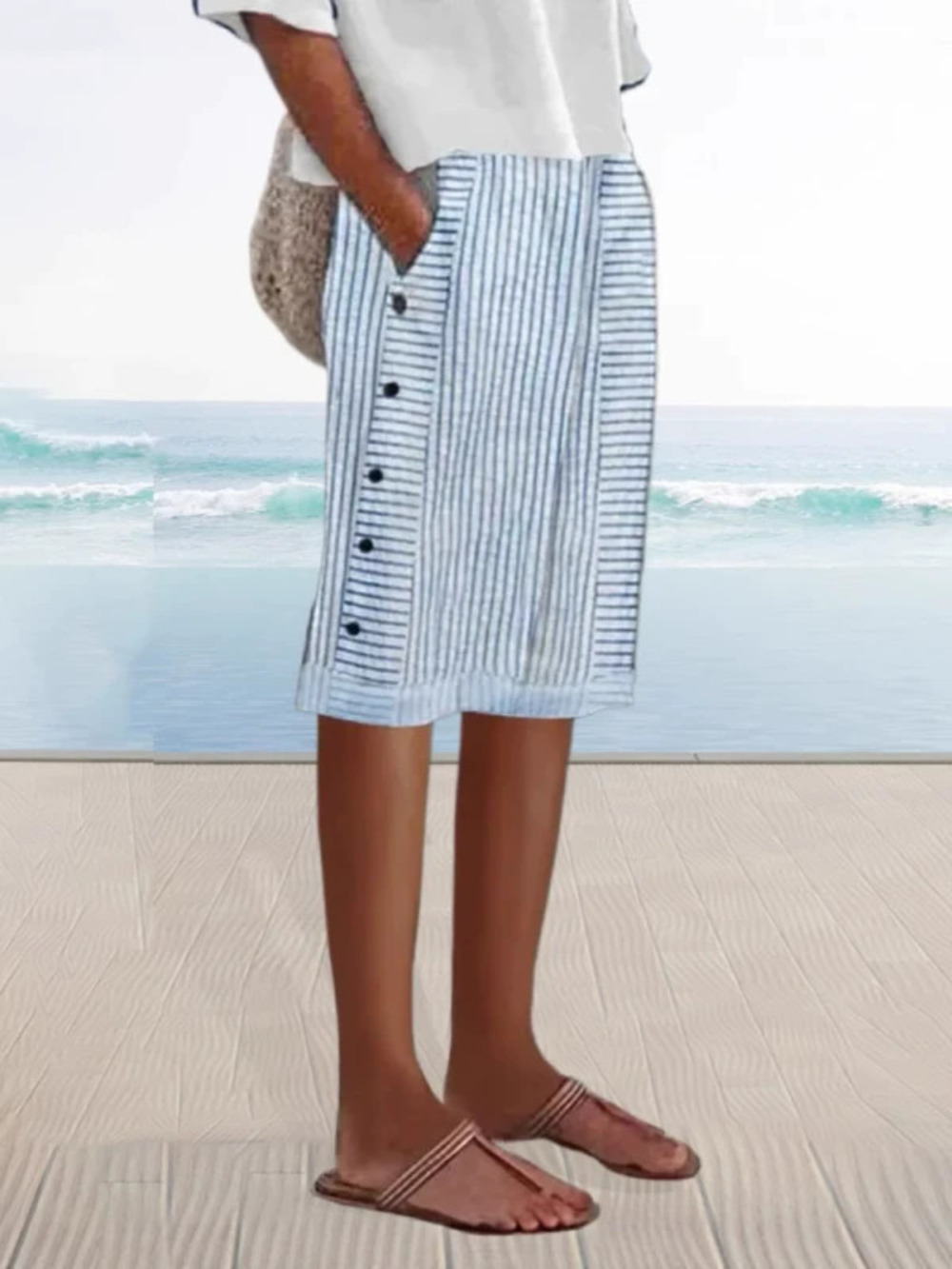 ZARA Womens Summer Casual Striped Button Pocket Shorts